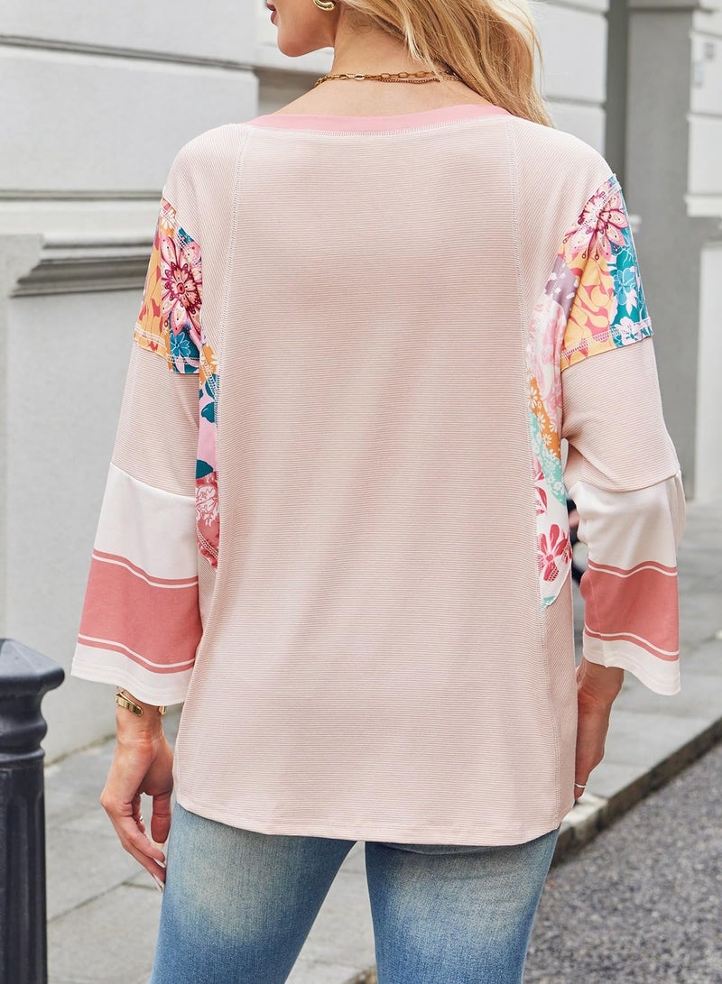 EVALESS Spring Tops for Women 2026 Boho Patchwork Striped 3/4 Length Sleeve Crewneck Oversized Shirts Beach Vacation Travel Clothes Pink 2XL - Image 5