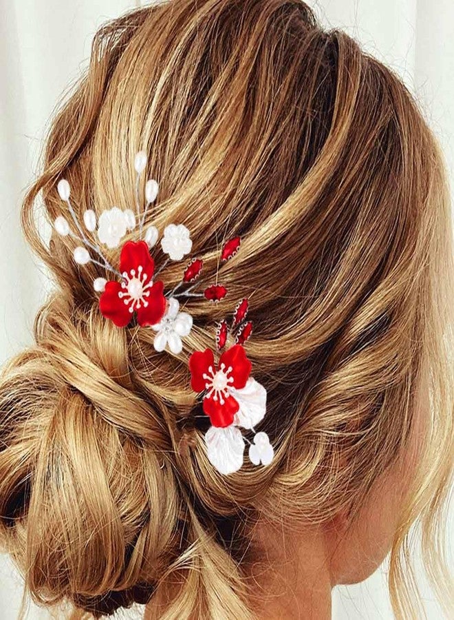 Latious Flower Wedding Hair Clips Red Hair Pins Bridal Hair Accessories for Women and Girls (Pack of 2) - Image 1