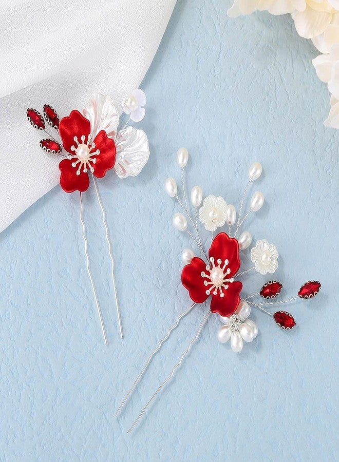 Latious Flower Wedding Hair Clips Red Hair Pins Bridal Hair Accessories for Women and Girls (Pack of 2) - Image 2