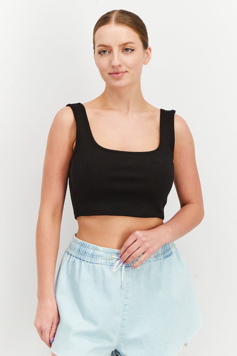 Sinsay Women Scoop Neck Sleeveless Ribbed Top, Black - Image 1