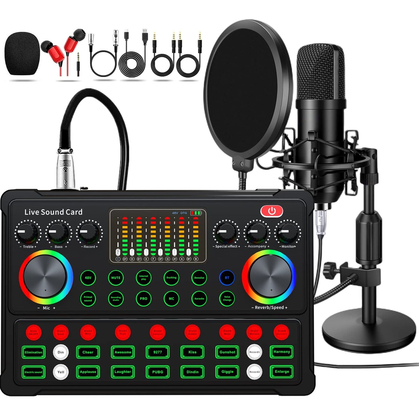 Podcast Equipment Bundle 48V Condenser Microphone Bundle with M300 Voice Changer Podcast Microphone Recording Studio Package for Podcasting Live Streaming Singing PC Mobile TikTok YouTube