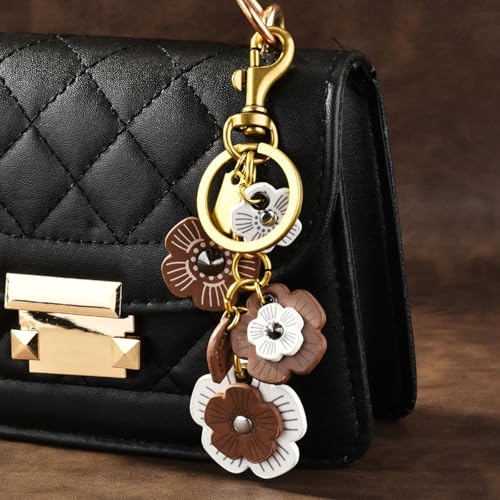 Spenlly Leather Flower Bag Charm for Women, Cute Floral Keychain Car Hanging Keyring Purse Charm Decoration for Handbags (Black) - Image 2