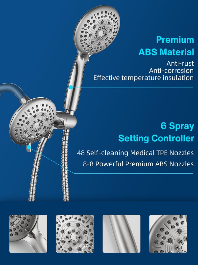Cobbe 48-Setting High Pressure 3-Way Shower Head Combo, Hand Held Shower & Rain Shower Separately or Together, 4.7" Dual 2 in 1 Showerhead with Hose - Brushed Nickel - U.S. Invention Patents - Image 5