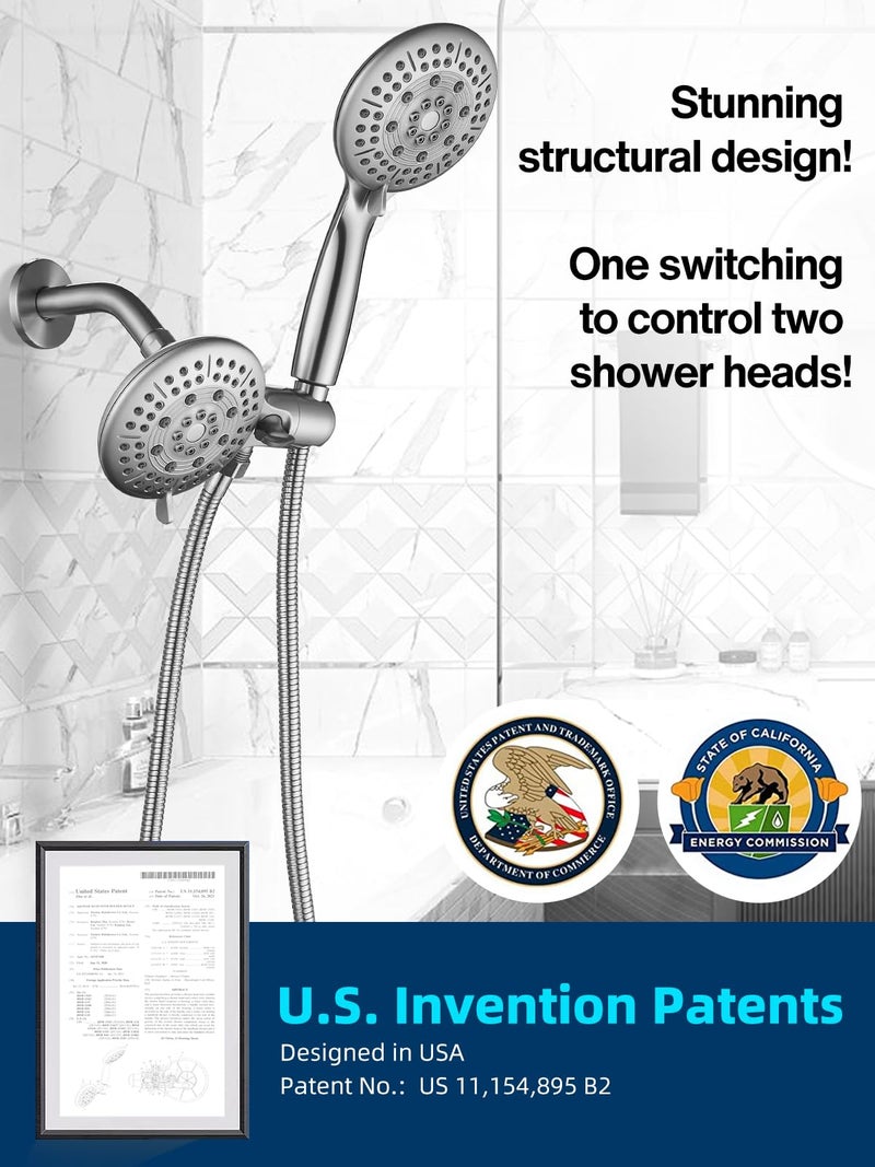 Cobbe 48-Setting High Pressure 3-Way Shower Head Combo, Hand Held Shower & Rain Shower Separately or Together, 4.7" Dual 2 in 1 Showerhead with Hose - Brushed Nickel - U.S. Invention Patents - Image 2
