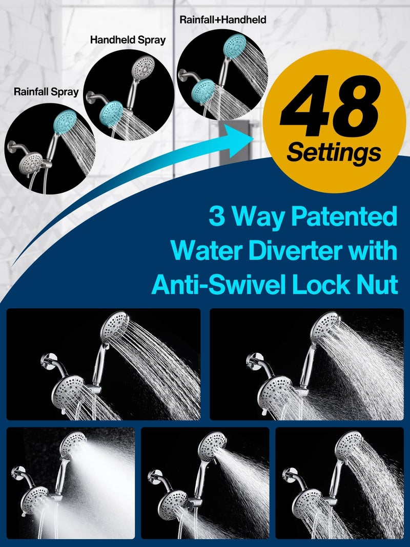 Cobbe 48-Setting High Pressure 3-Way Shower Head Combo, Hand Held Shower & Rain Shower Separately or Together, 4.7" Dual 2 in 1 Showerhead with Hose - Brushed Nickel - U.S. Invention Patents - Image 3