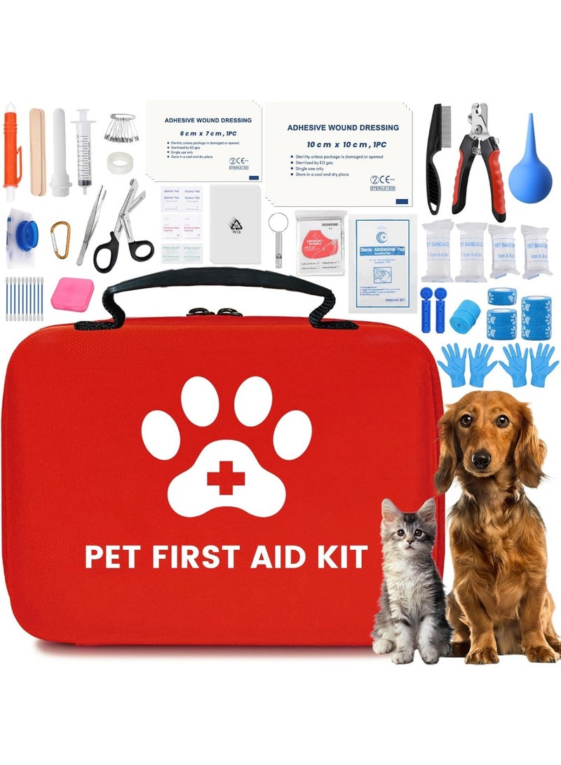 Meetion Dog Cat First Aid Kit, Pet First Aid Kit for Dogs and Cats, Home Office Travel Car First Aid Kit Emergency Kit Dog Travel Kit for Hiking, Dog Medical kit Emergency Survival Kit, (Red, 101 Pack) - Image 1