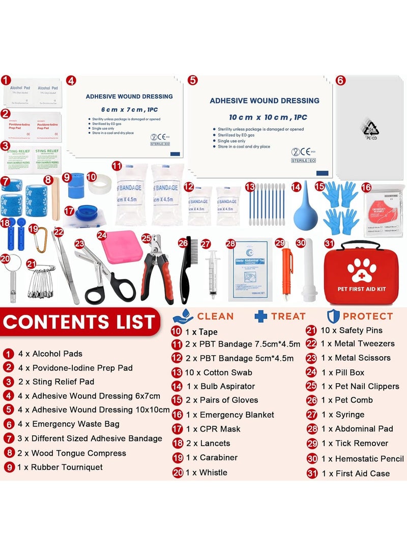 Meetion Dog Cat First Aid Kit, Pet First Aid Kit for Dogs and Cats, Home Office Travel Car First Aid Kit Emergency Kit Dog Travel Kit for Hiking, Dog Medical kit Emergency Survival Kit, (Red, 101 Pack) - Image 2