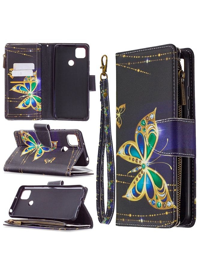 HuHa Case Cover For Xiaomi Redmi 9C Colored Drawing Pattern Zipper Horizontal Flip Leather Case with Holder & Card Slots & Wallet Big Butterfly 