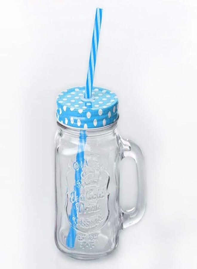 Kosh Mason Glass Jar with Lid and Straw Multicolour Mugs with Handle, Regular Mouth, Colorful Lids with Reusable Straw Beverages Glass Air Tight Frosty Jar with Handle Mason Mug - Blue
