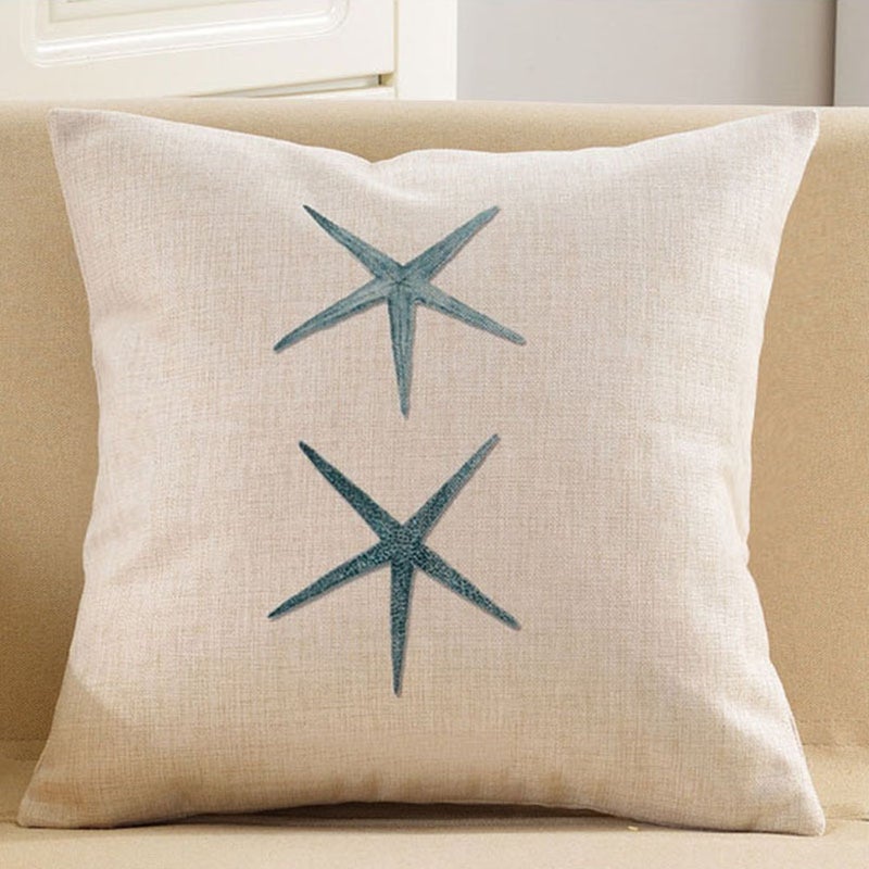 2pcs Coastal Theme Throw Pillow Cover Cotton and Linen Decorative Pillow Protector for Home Bed Chair (Sea Star) - Image 3