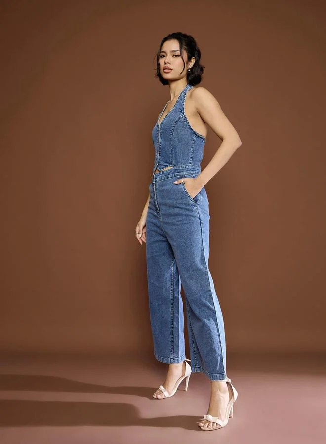SASSAFRAS Denim Straight Leg Jumpsuit with Halter Neck