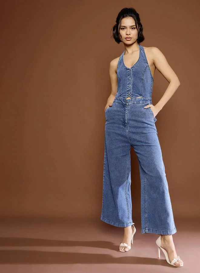 ساسافراس Sassafras Denim Straight Leg Jumpsuit with Halter Neck