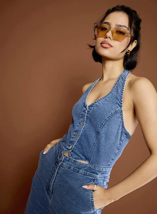 ساسافراس Sassafras Denim Straight Leg Jumpsuit with Halter Neck