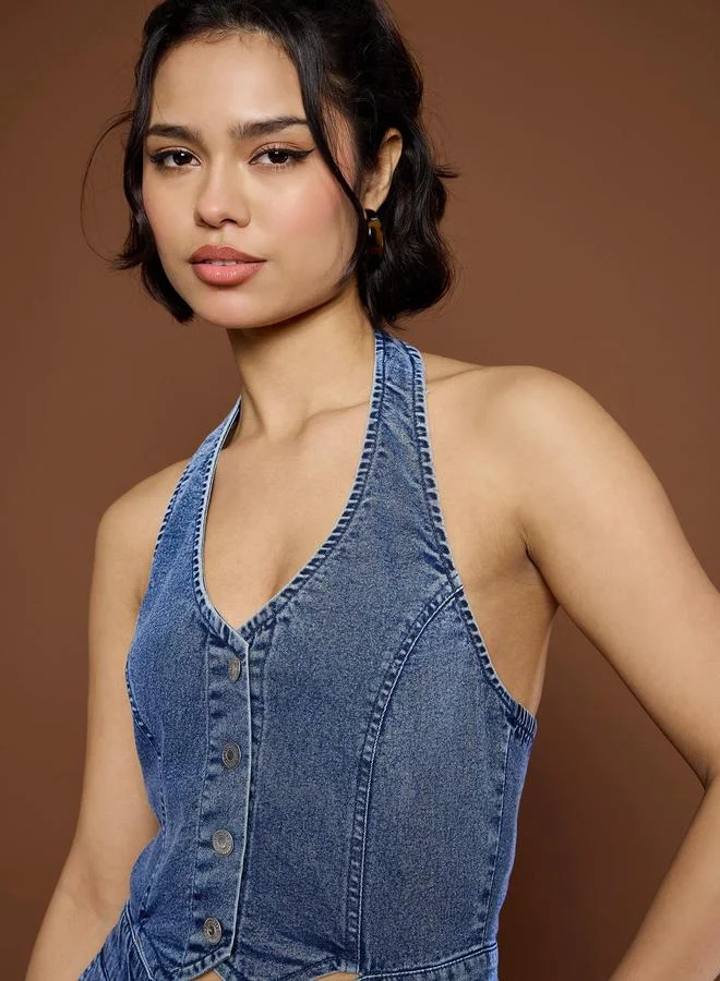 SASSAFRAS Denim Straight Leg Jumpsuit with Halter Neck