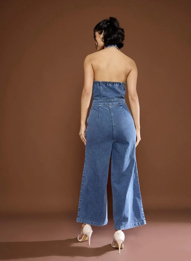 SASSAFRAS Denim Straight Leg Jumpsuit with Halter Neck