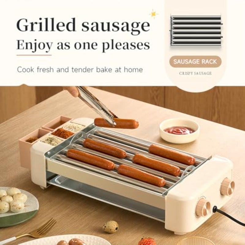 Indoor family party use: stainless steel hot dog roller grill with non-stick smokeless removable plates, silver color, 6-roller 3-in-1 portable design - Image 3