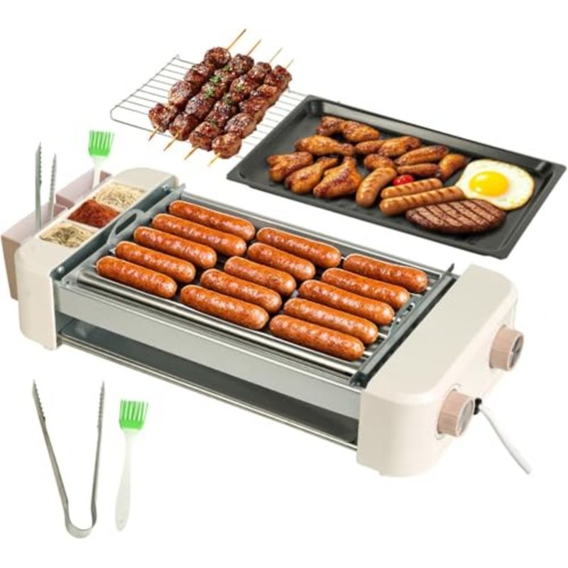 Indoor family party use: stainless steel hot dog roller grill with non-stick smokeless removable plates, silver color, 6-roller 3-in-1 portable design - Image 1