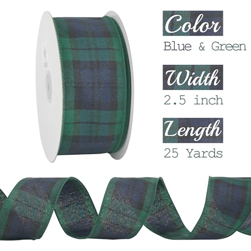MEEDEE Blue and Green Plaid Ribbon 25 Inch Buffalo Plaid Wired Ribbon 25 Inch Navy and Green Plaid Christmas Ribbon 25 Yards Spool Black Watch Tartan Plaid Ribbon for Christmas Tree Gift Wrapping - Image 3