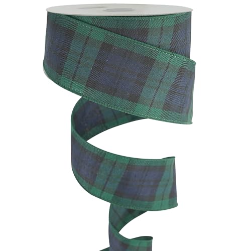MEEDEE Blue and Green Plaid Ribbon 25 Inch Buffalo Plaid Wired Ribbon 25 Inch Navy and Green Plaid Christmas Ribbon 25 Yards Spool Black Watch Tartan Plaid Ribbon for Christmas Tree Gift Wrapping - Image 1