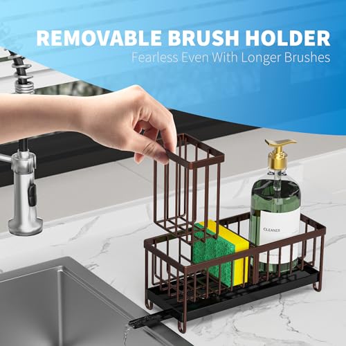 Cisily Brown Sponge Holder for Kitchen Sink, Sink Caddy Organizer with High Brush Holder, Kitchen Countertop Organizers and Storage Essentials, Rustproof 304 Stainless Steel, Soap Dispenser Organize - Image 4