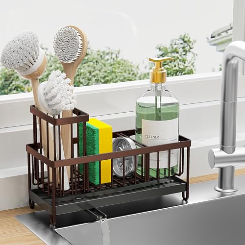 Cisily Brown Sponge Holder for Kitchen Sink, Sink Caddy Organizer with High Brush Holder, Kitchen Countertop Organizers and Storage Essentials, Rustproof 304 Stainless Steel, Soap Dispenser Organize - Image 1