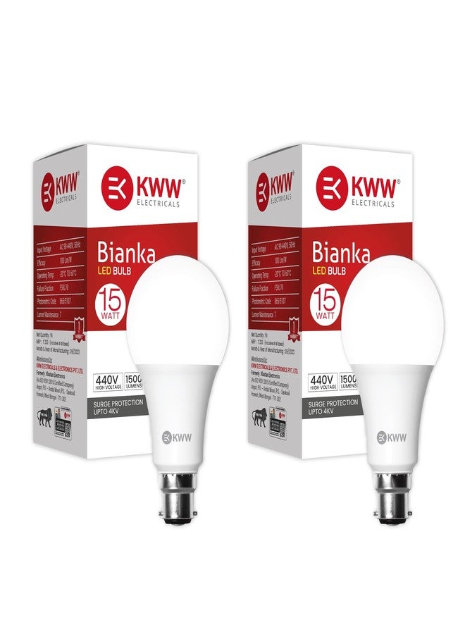 KWW 15W B22 Cool Day White LED Bulb, Pack of 2 | Energy-Efficient LED Lighting | Low Power Consumption | Low Electricity Bill | LED for Bedroom, Home, Kitchen, Bathroom, Washroom, Office - Image 1