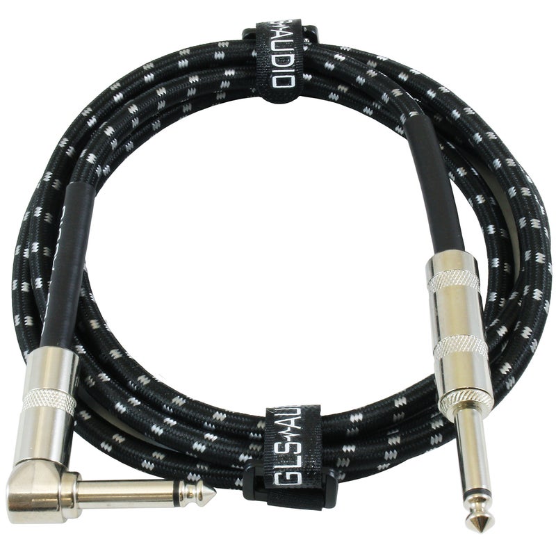 GLS Audio Instrument Cable - Amp Cord for Bass & Electric Guitar - Straight to Right Angle 1/4 Inch Instrument Cable - Black/Grey Braided Tweed, 6 Ft - Image 1