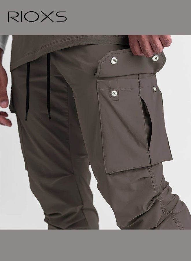 RIOXS Men's Brown Jogger Pants, Mid-Rise Athletic Trousers with Drawstring Waist and Side Pockets, Tapered Cuff Workout Pants for Gym, Running and Streetwear​, Elastic Cuff Sweatpants, Urban Workout Pants, Young Men's Street Style Bottoms - Image 2