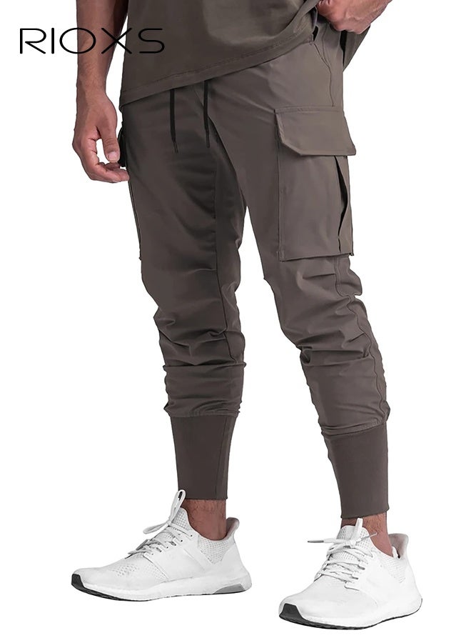 RIOXS Men's Brown Jogger Pants, Mid-Rise Athletic Trousers with Drawstring Waist and Side Pockets, Tapered Cuff Workout Pants for Gym, Running and Streetwear​, Elastic Cuff Sweatpants, Urban Workout Pants, Young Men's Street Style Bottoms - Image 1