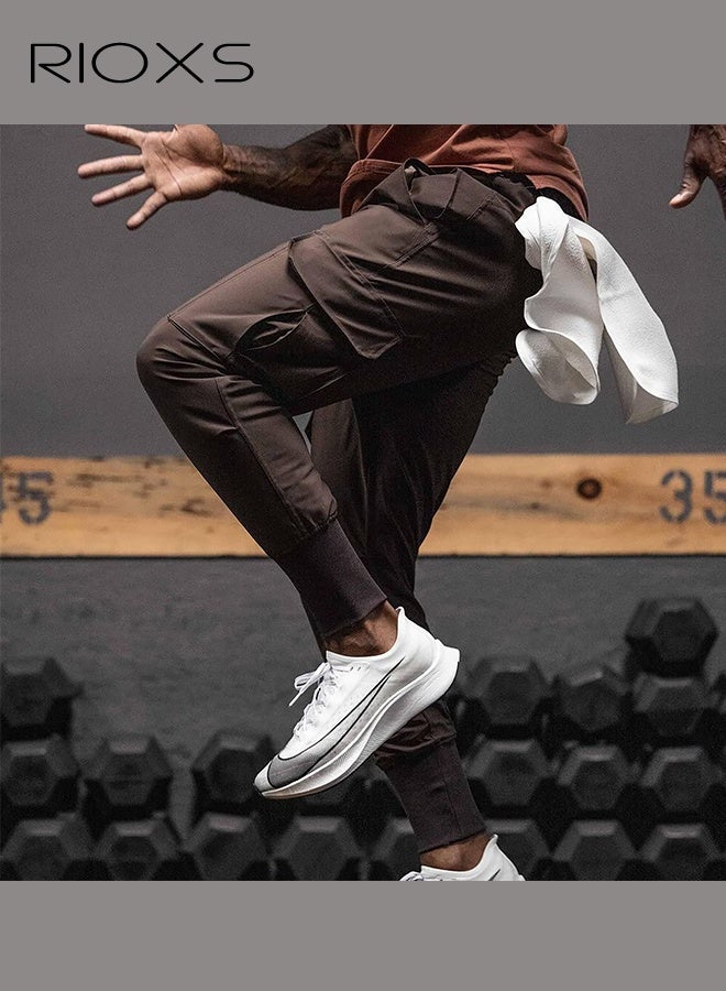 RIOXS Men's Brown Jogger Pants, Mid-Rise Athletic Trousers with Drawstring Waist and Side Pockets, Tapered Cuff Workout Pants for Gym, Running and Streetwear​, Elastic Cuff Sweatpants, Urban Workout Pants, Young Men's Street Style Bottoms - Image 5
