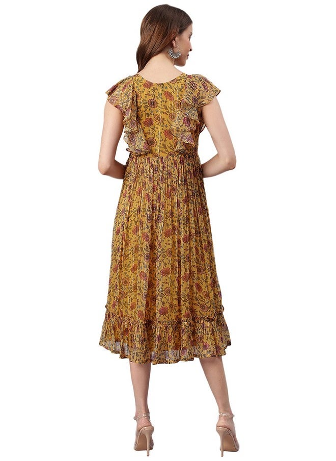 Janasya - Janasya Women's Mustard Poly Georgette Floral Flared Western Dress(J0338-DR-XS) - Image 1