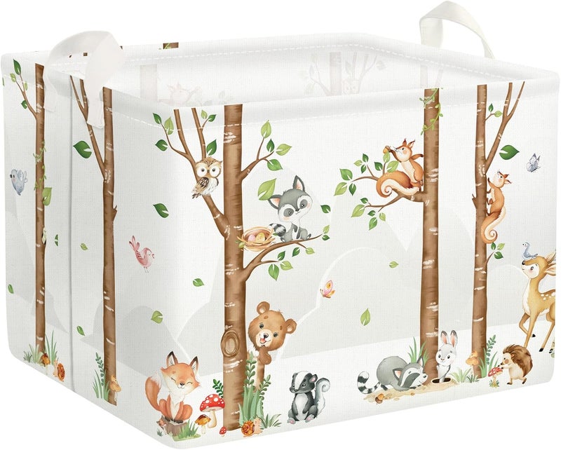 Clastyle Large Birch Tree Animal Storage Basket Collapsible Woodland Fox Bear Book Shelf Basket Rectangle Toy Clothes Cube Storage Basket for Kids Room - Image 1