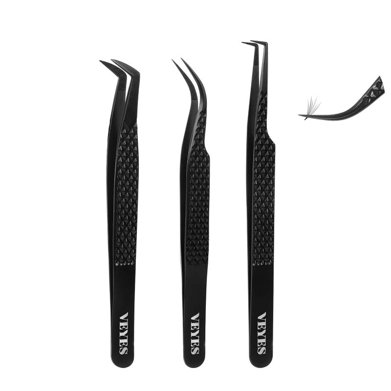 VEYES INC Lash Tweezers for Eyelash Extensions,Fiber Tip Tweezers Kit for Individual Classic and Volume Lash,3PCS Stainless Steel Lash Tweezers-Black - Image 1
