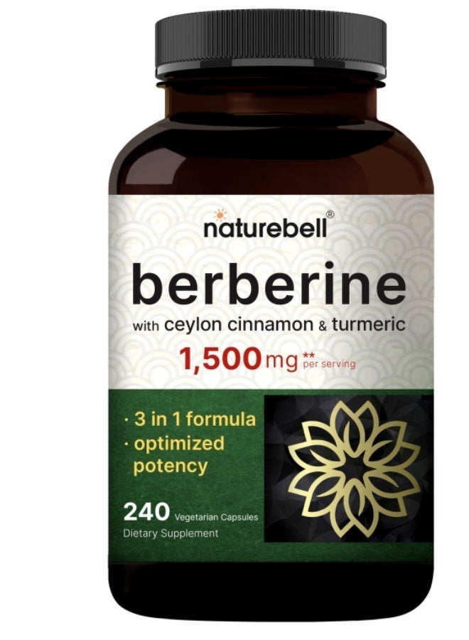 نايتشر بيل مكمل البربيرين 1500 ملغ مع قرفة سيلان وجذر الكركم، 240 كبسولة نباتية | 97% بربيرين HCL نقيع | يدعم مستويات السكر المتوازنة وصحة القلب | نباتي، غير معدل وراثيًا - Image 1