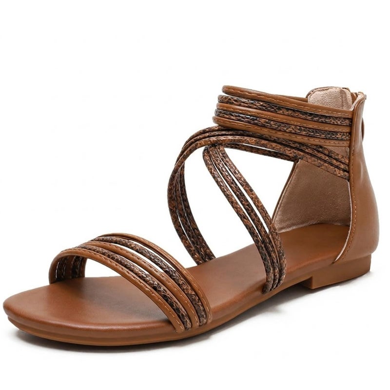 youngshow Women's Gladiator Sandals, Criss-Cross Strappy Flat Sandals with Back Zipper, Open Toe Bohemian Summer Casual Shoes for Beach Travel, Brown - Image 1