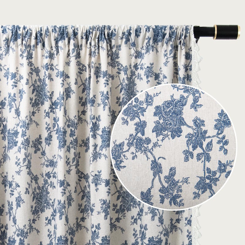 LOVOUS Vintage Blue Floral Curtains for Living Room 84 Inch Length Linen Blue Toile Curtain Rod Pocket French Country Drapes with Tassel Bedroom Window Curtain Set 2 Panels - Image 2