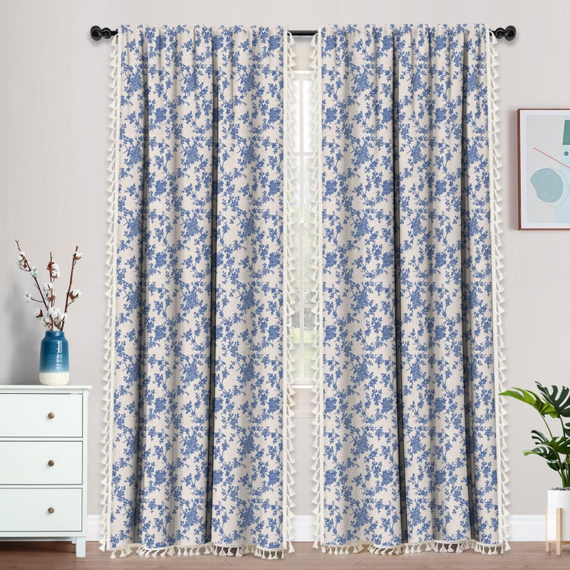 LOVOUS Vintage Blue Floral Curtains for Living Room 84 Inch Length Linen Blue Toile Curtain Rod Pocket French Country Drapes with Tassel Bedroom Window Curtain Set 2 Panels - Image 5
