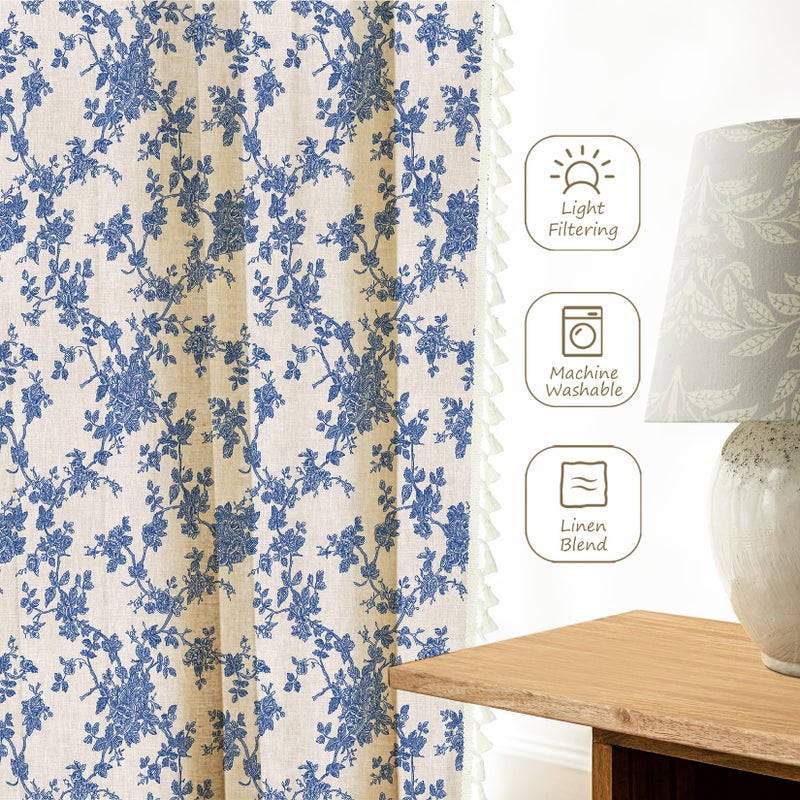 LOVOUS Vintage Blue Floral Curtains for Living Room 84 Inch Length Linen Blue Toile Curtain Rod Pocket French Country Drapes with Tassel Bedroom Window Curtain Set 2 Panels - Image 4