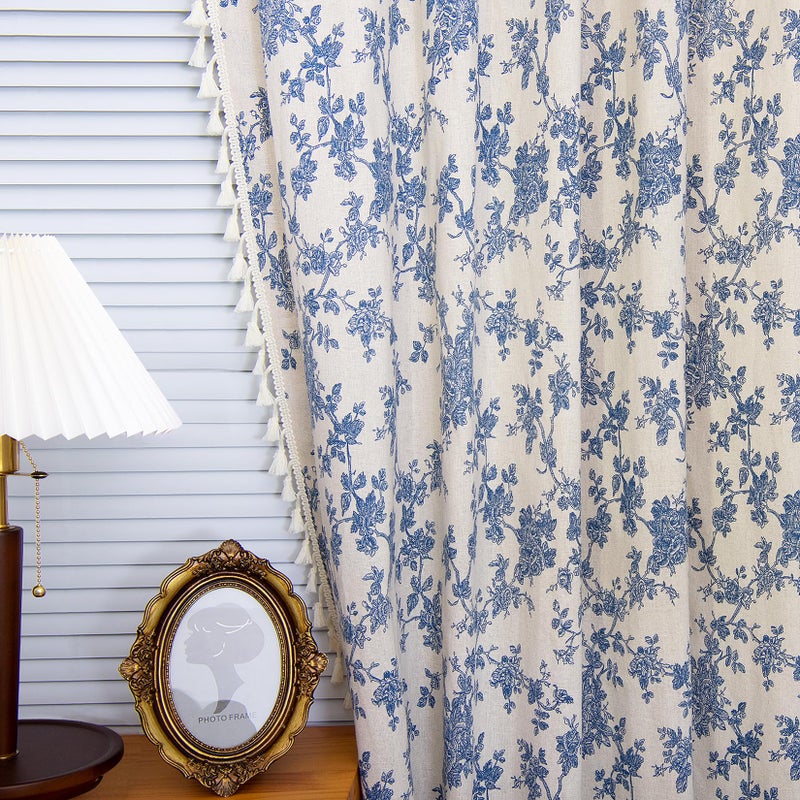 LOVOUS Vintage Blue Floral Curtains for Living Room 84 Inch Length Linen Blue Toile Curtain Rod Pocket French Country Drapes with Tassel Bedroom Window Curtain Set 2 Panels - Image 1