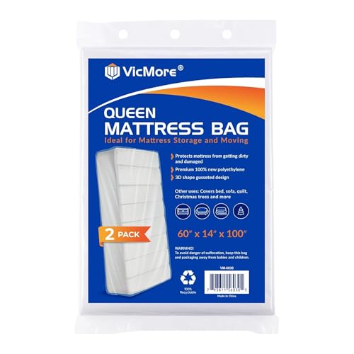 VICMORE 2 Pack Queen Mattress Bags for Moving, Storage & Disposal – Clear Heavy-Duty Plastic Covers, Tear-Resistant & Dustproof, Recyclable (Fits Queen Beds) - Image 1