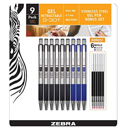 Zebra Technologies ZEBRA G-301 Gel Stainless Steel 9 Pack w/ 6 Refill Cartridges - Image 1