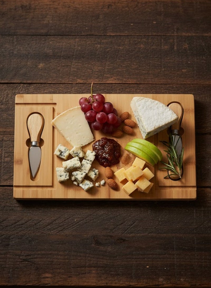 لوح تقديم الجبن والتقطيع من البامبو – صينية مستطيلة ذكية مع مجموعة سكاكين احترافية (3 قطع)، طقم ضيافة فاخر للحفلات والوجبات الخفيفة، خشب طبيعي عالي الجودة-1997 - Image 1
