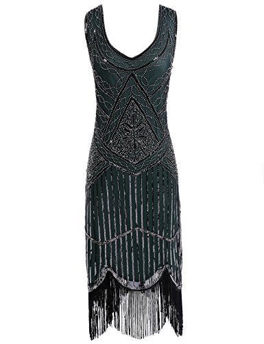 NeeMee Plus Size 1920s Vintage Fringed Gatsby Sequin Beaded Tassels Hem Flapper Dress for Women (Dark Green, Medium) - Image 5