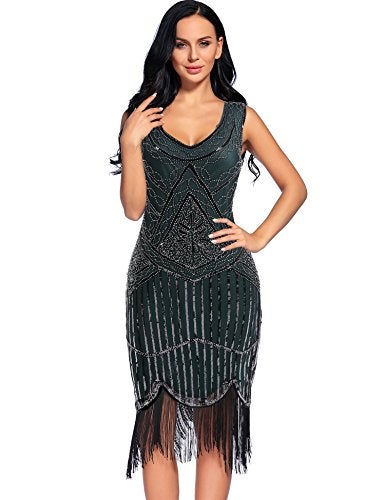 NeeMee Plus Size 1920s Vintage Fringed Gatsby Sequin Beaded Tassels Hem Flapper Dress for Women (Dark Green, Medium) - Image 1
