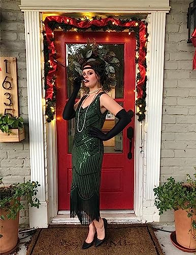NeeMee Plus Size 1920s Vintage Fringed Gatsby Sequin Beaded Tassels Hem Flapper Dress for Women (Dark Green, Medium) - Image 2