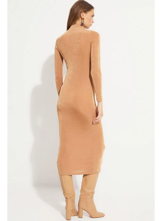 JUNE June Women Fitted Drape Detailed High Neck Midi Dress Tan
