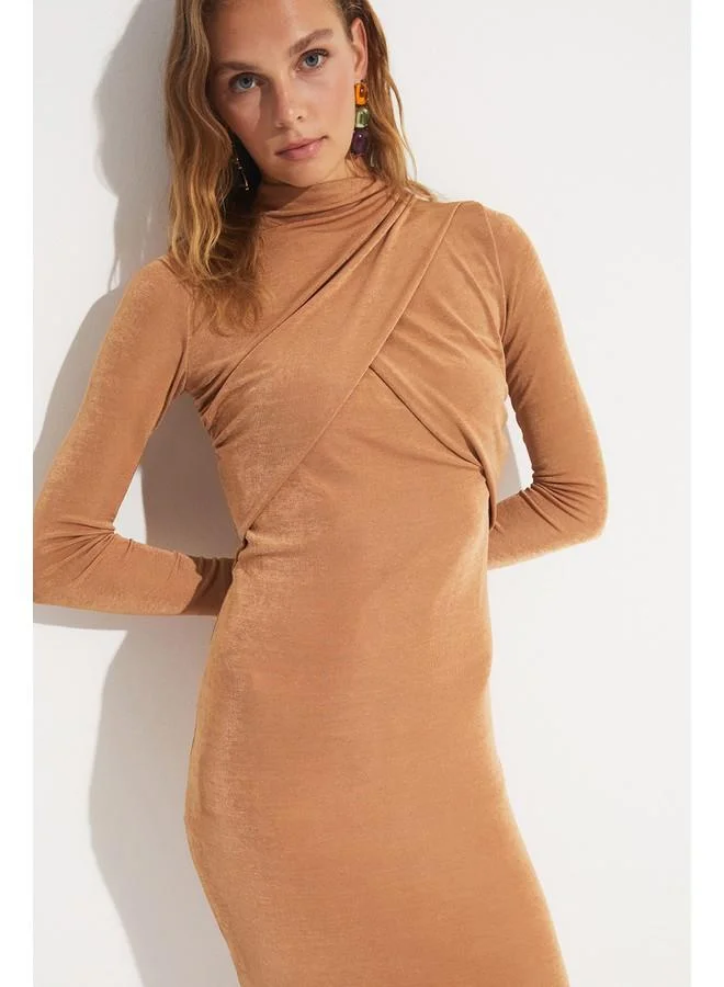 JUNE June Women Fitted Drape Detailed High Neck Midi Dress Tan