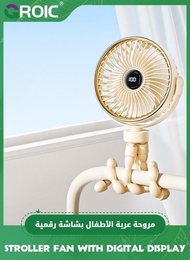 جرويك مروحة عربة أطفال، محمولة بإضاءة LED، أطفال تعمل بالبطارية بقوة 3600 مللي أمبير في الساعة، شخصية قابلة لإعادة الشحن بخمس سرعات مع شاشة رقمية لمقعد السيارة أو سرير الأطفال جهاز المشي (أصفر) - Image 1