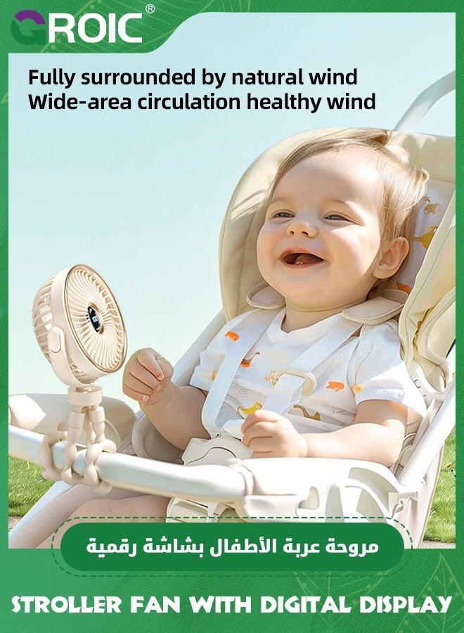 جرويك مروحة عربة أطفال، محمولة بإضاءة LED، أطفال تعمل بالبطارية بقوة 3600 مللي أمبير في الساعة، شخصية قابلة لإعادة الشحن بخمس سرعات مع شاشة رقمية لمقعد السيارة أو سرير الأطفال جهاز المشي (أصفر) - Image 4