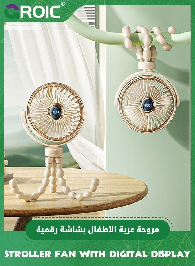 جرويك مروحة عربة أطفال، محمولة بإضاءة LED، أطفال تعمل بالبطارية بقوة 3600 مللي أمبير في الساعة، شخصية قابلة لإعادة الشحن بخمس سرعات مع شاشة رقمية لمقعد السيارة أو سرير الأطفال جهاز المشي (أصفر) - Image 2